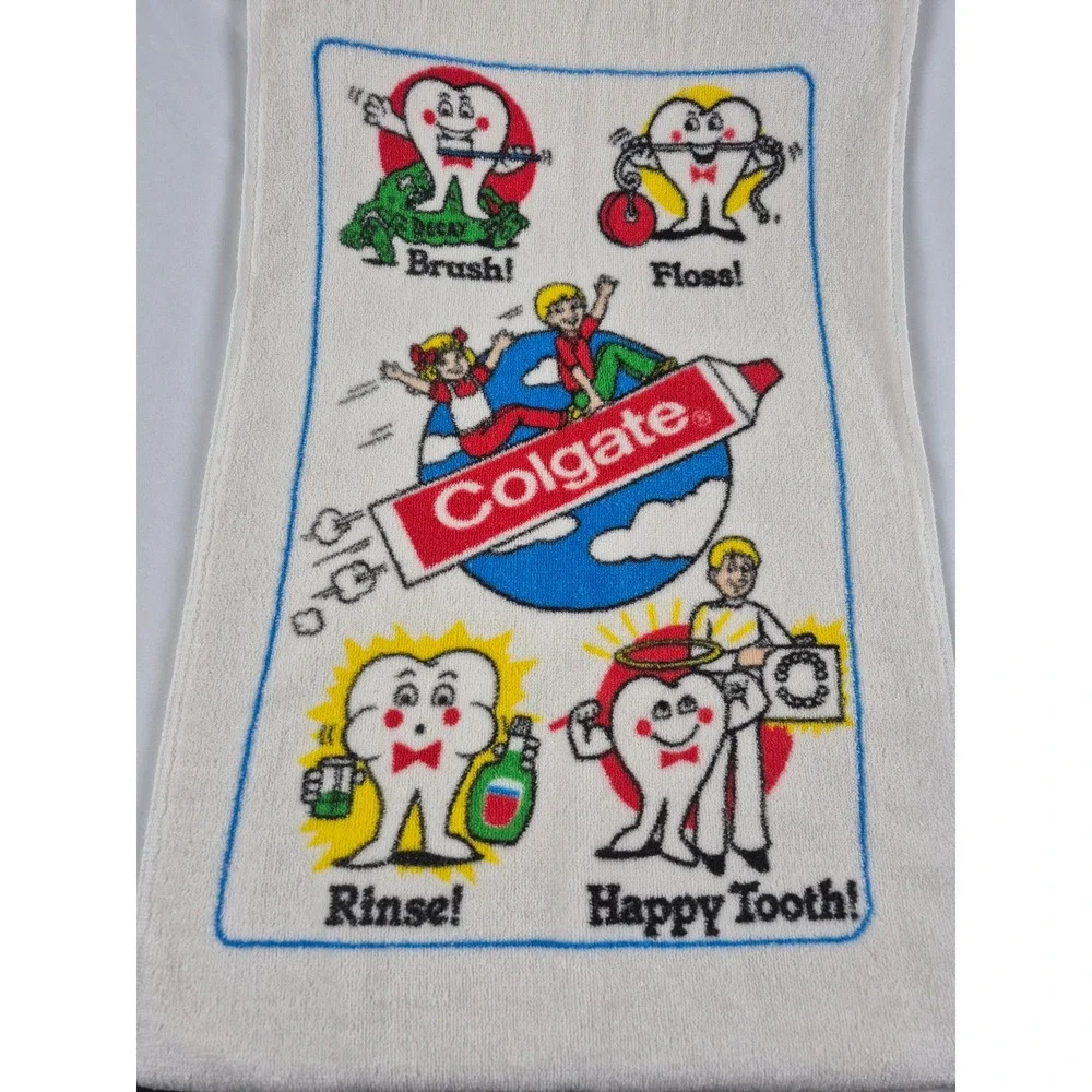 Vintage Colgate Toothpaste Advertising Towel Happy Tooth Dental Hygiene USA Ad